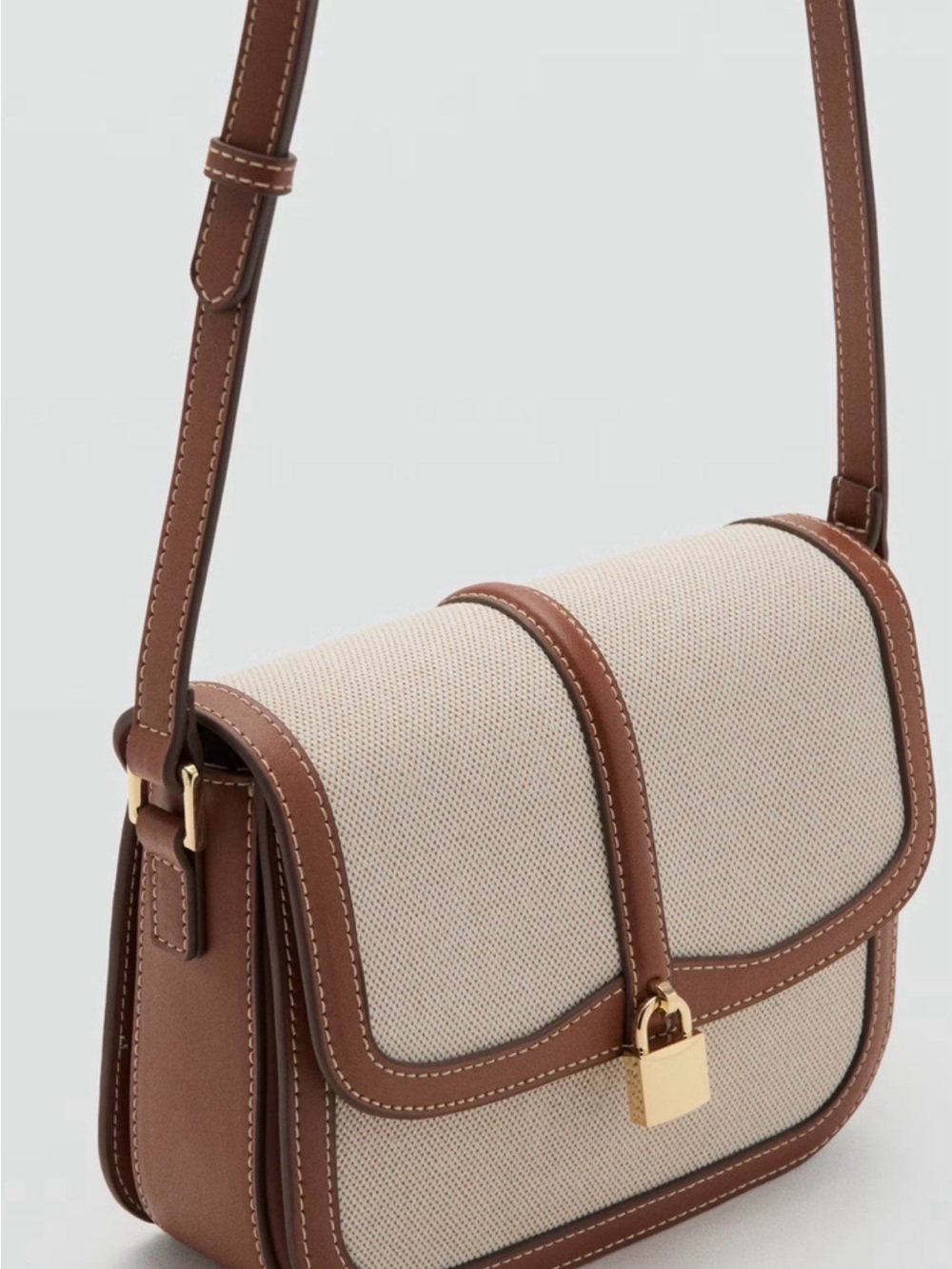 Mango Beige Canvas and Brown Trim Crossbody Bag